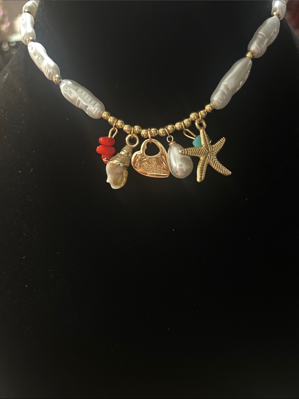 Gold & White Pearl Charm Necklace with Turquoise and Coral Accents - Picture 3 of 7
